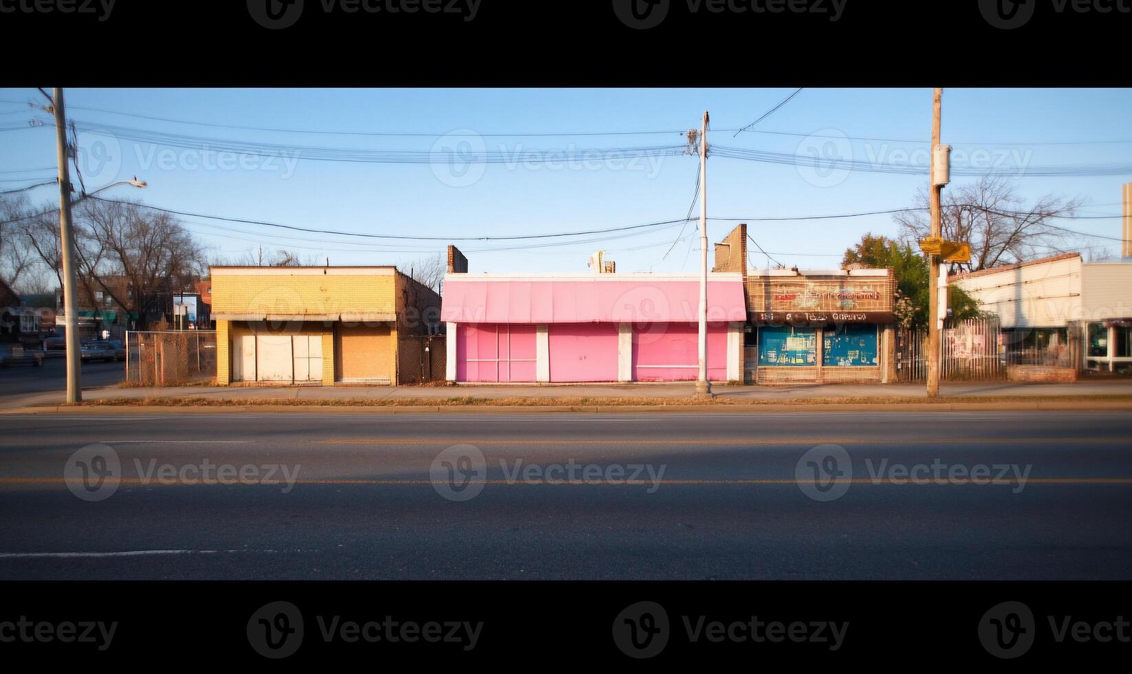 A row of storefronts with varying colors and styles along a street. photo