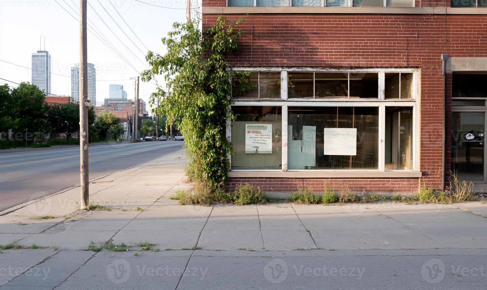 Abandoned building with overgrown plants and empty storefront. photo
