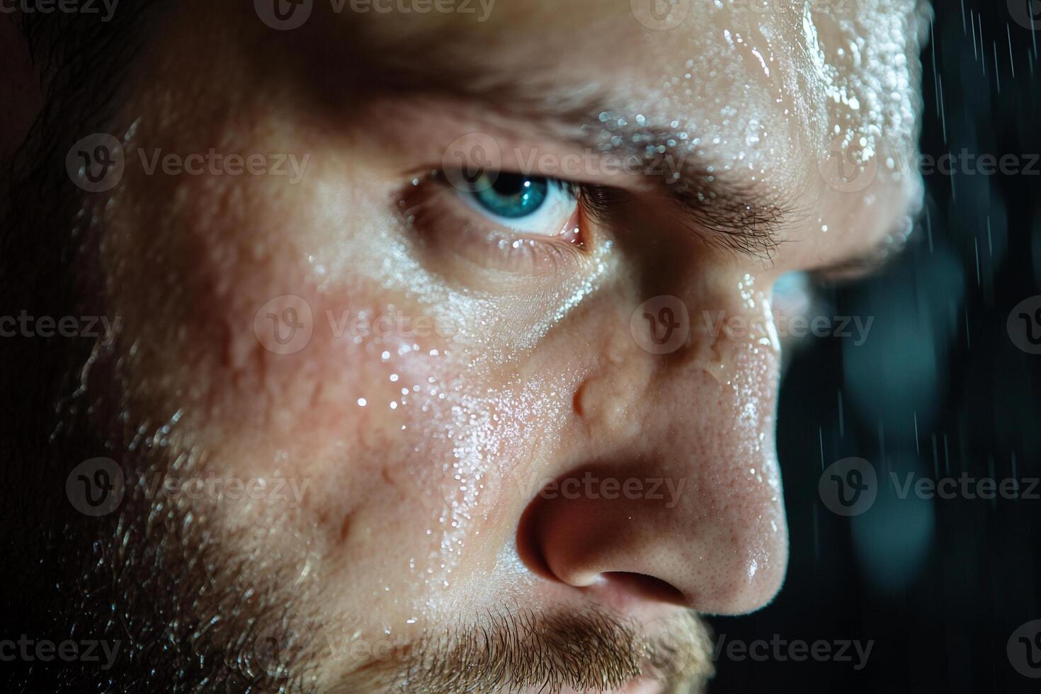 Close-up of a man's face with water droplets, conveying intensity. photo