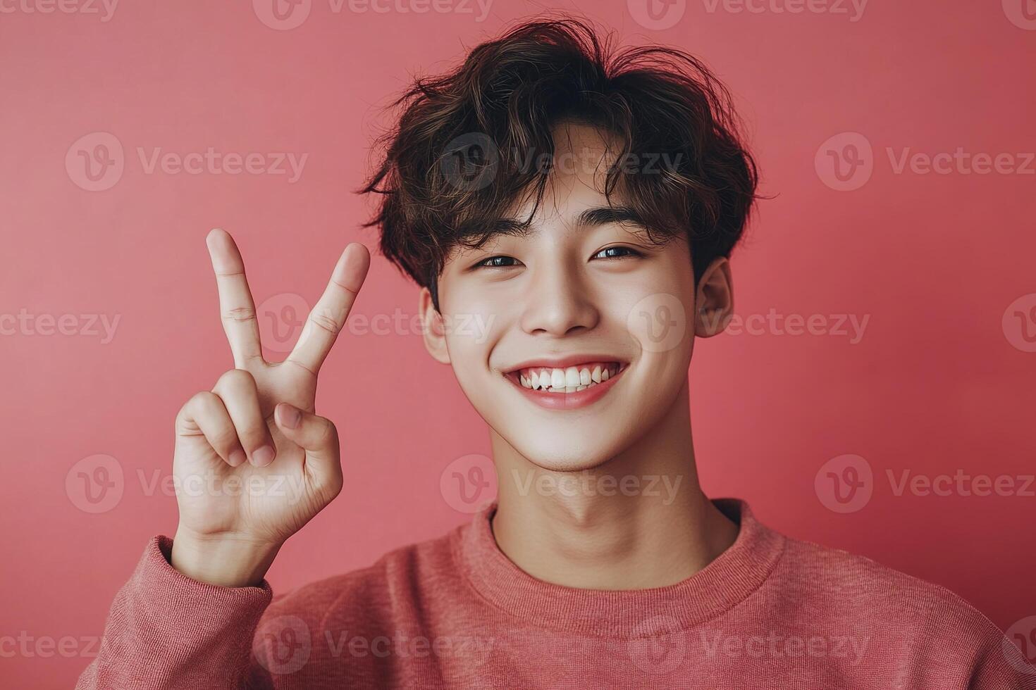 portrait handsome asian young man with wavy hair smiling showing peace sign on pink background photo