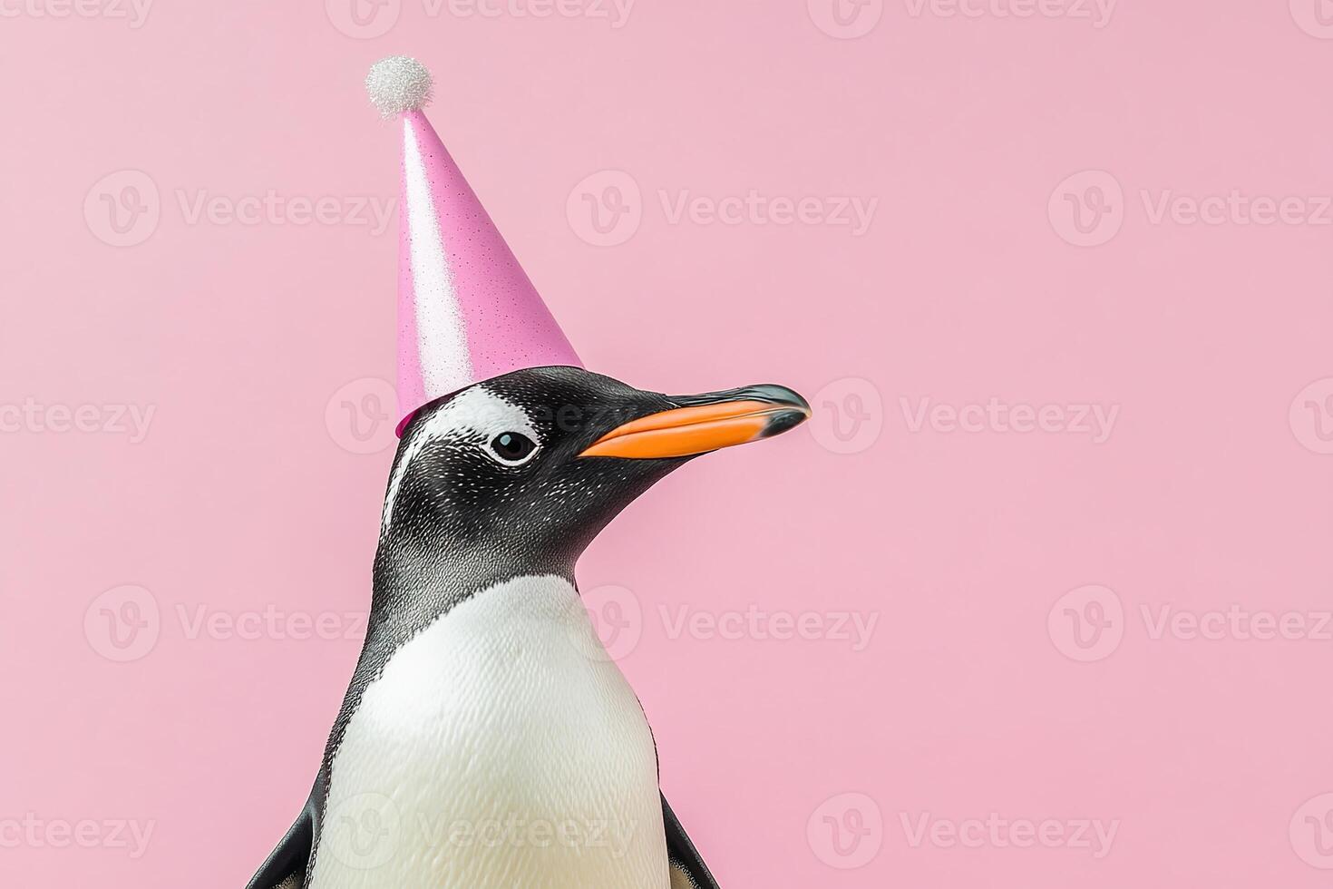 portrait cute penguin bird in festive party hat on pastel pink background with copy space, template for birthday celebration design photo