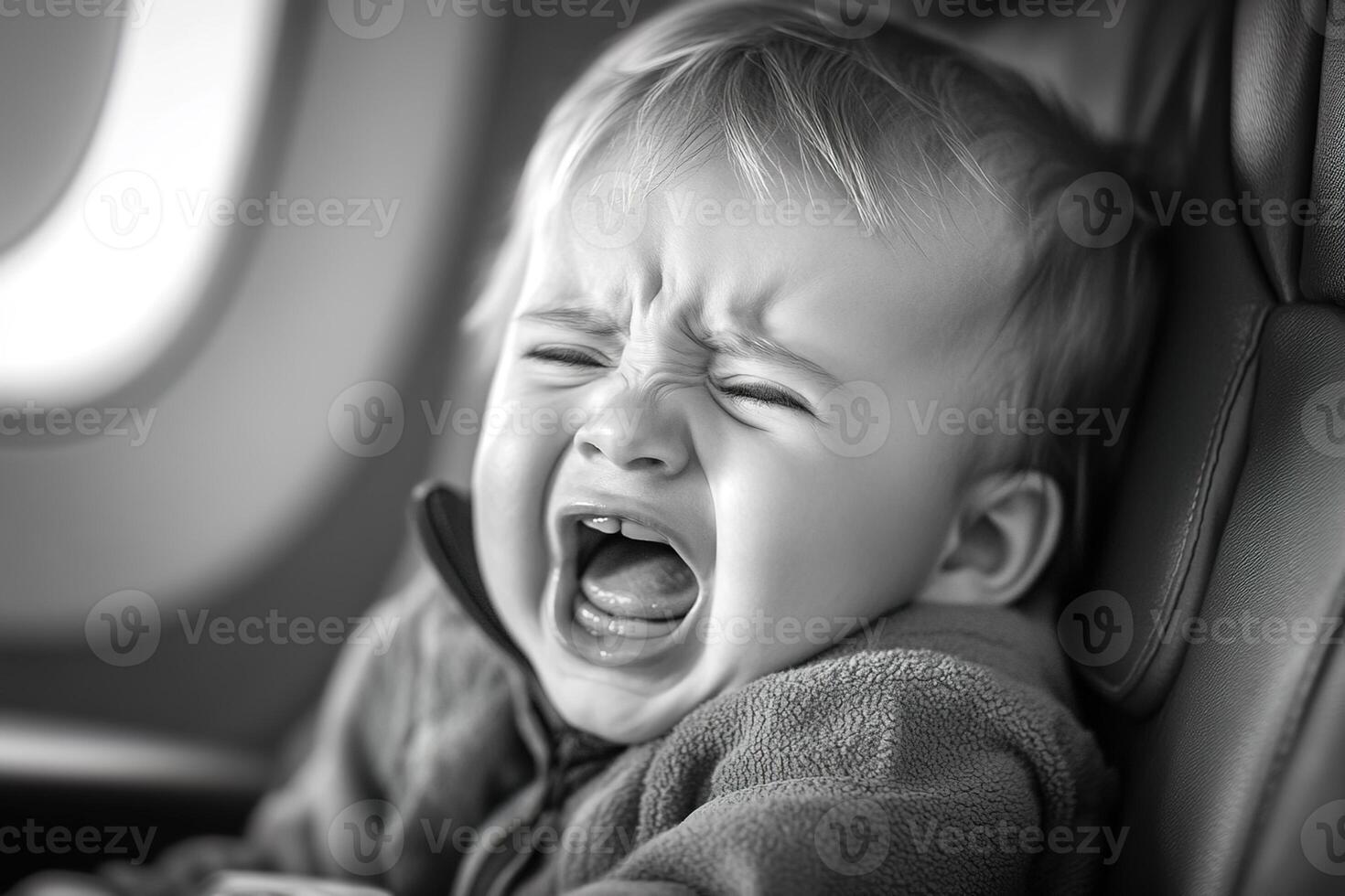 black and white photo crying naughty caucasian toddler at the window of the airplane while traveling by plane