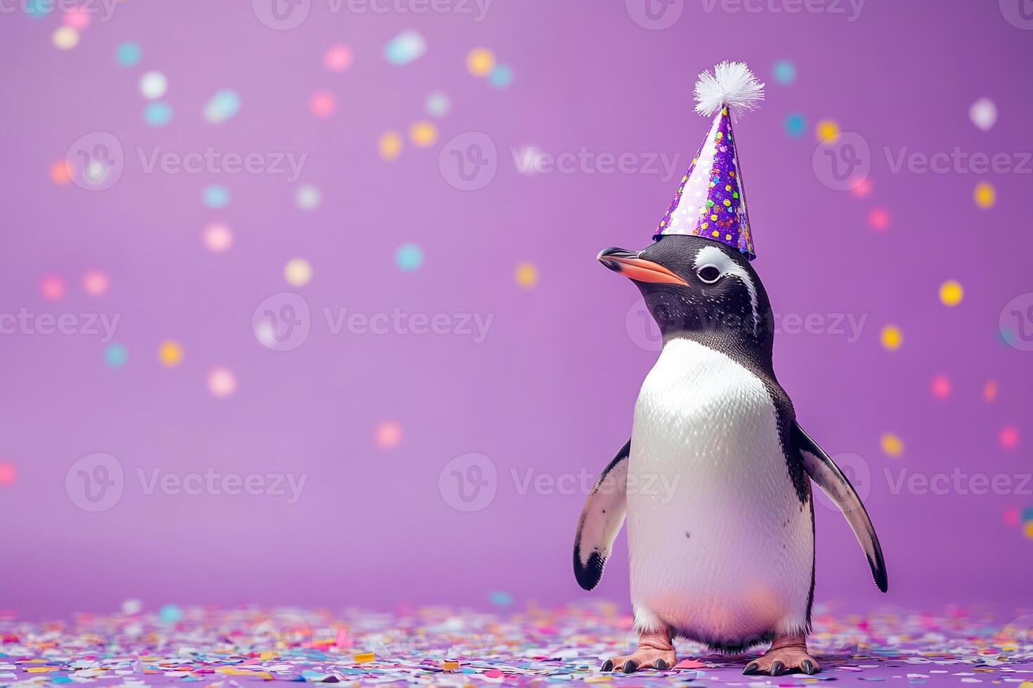 cute penguin bird in festive party hat on light violet with confetti background with copy space, template for birthday celebration design photo