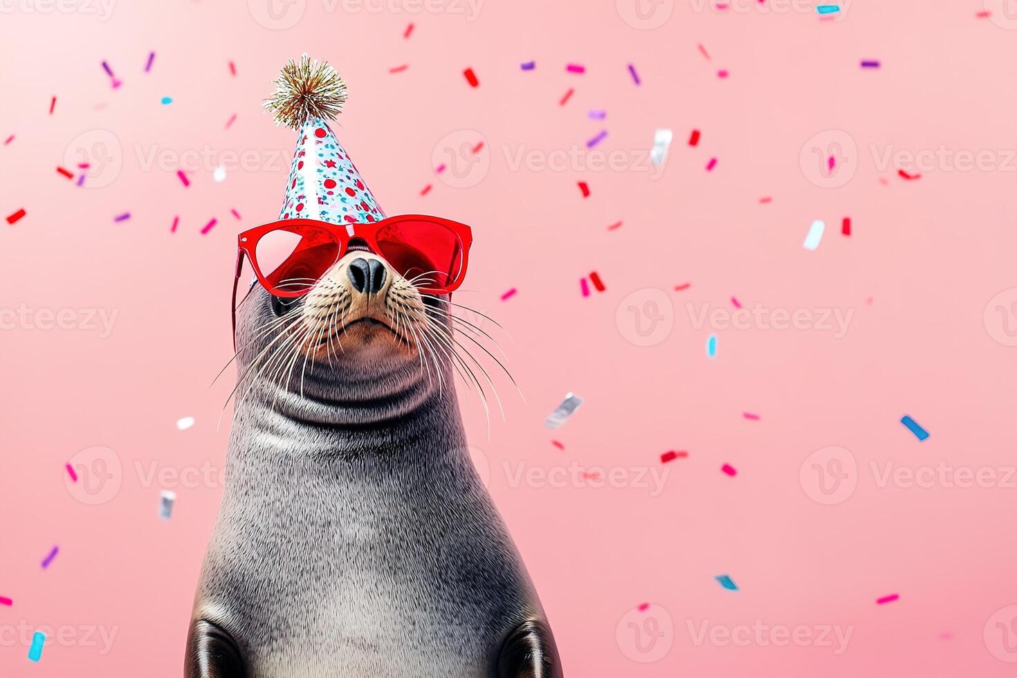 portrait cute fur seal in party hat and red sunglasses on light pink background with confetti, funny animal birthday celebration concept photo