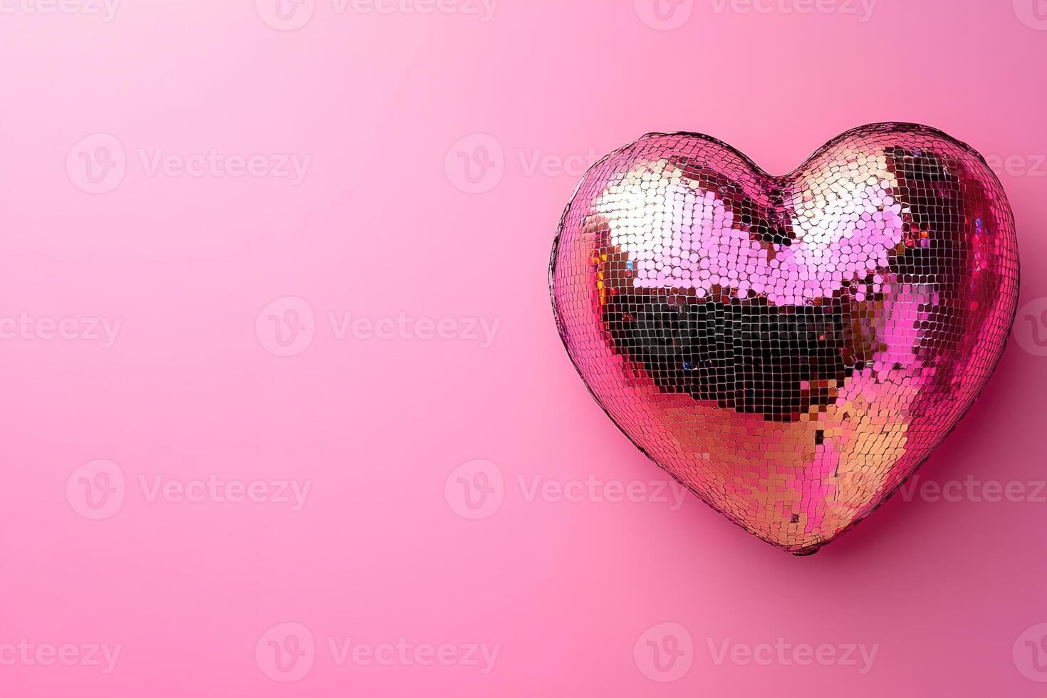 luxury valentines day card with disco mirror heart on pastel pink background with copy space photo