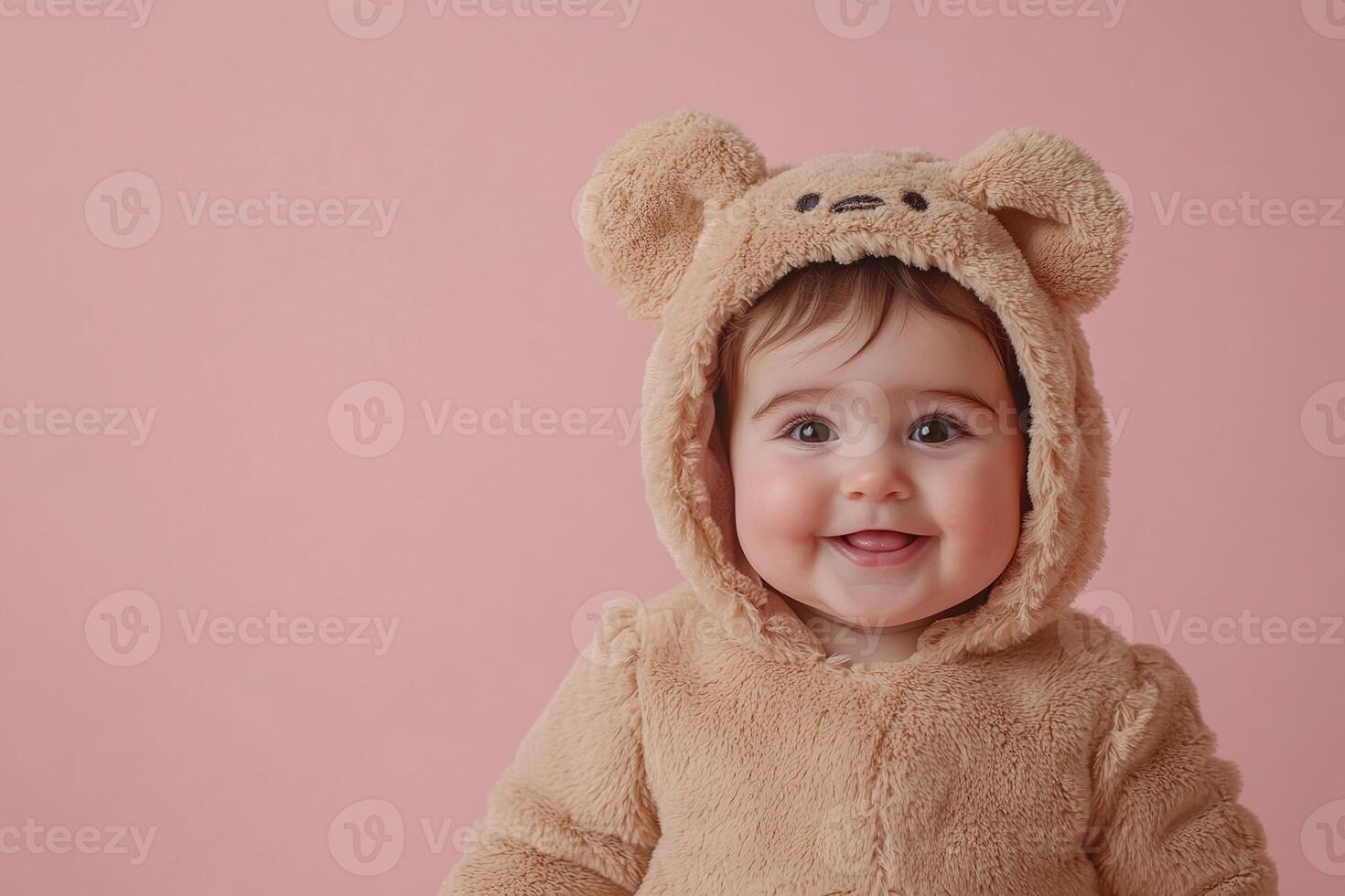 portrait cute smiling baby dressed in cozy bear costume on pastel pink background with copy space photo