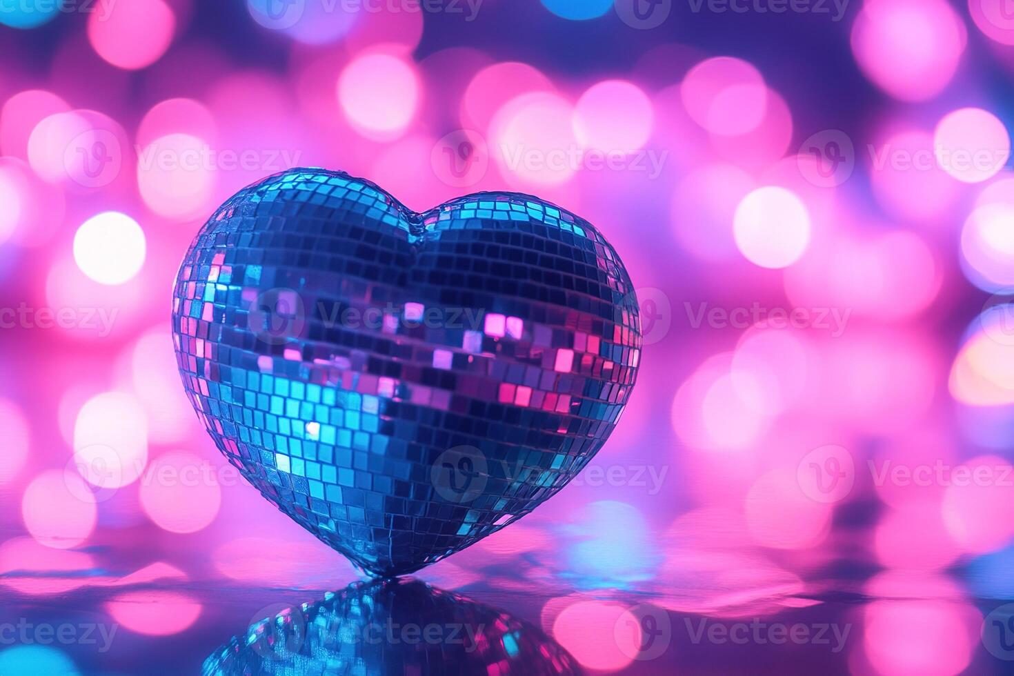 romantic postcard with disco mirror heart on pink and blue bokeh background with copy space photo
