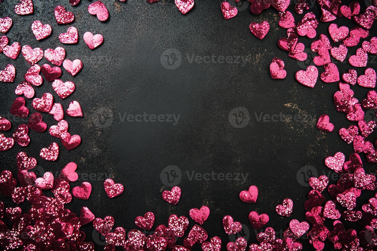 top view many small pink shimmering hearts with glitter border frame on black background with copy space in center photo