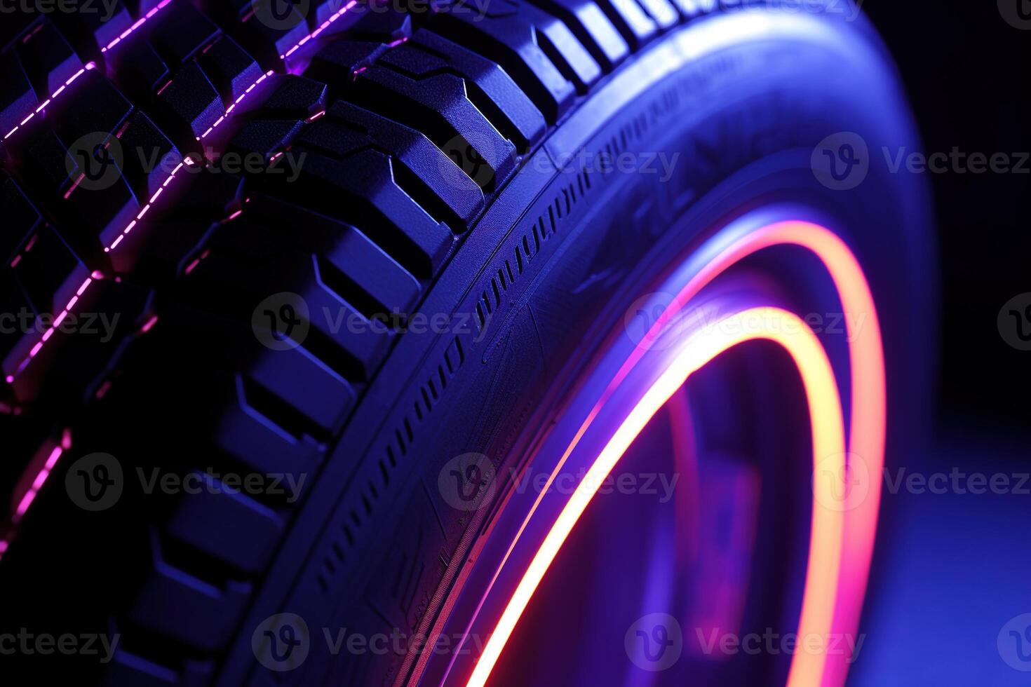 glowing colorful neon abstract black rubber car tire tread photo