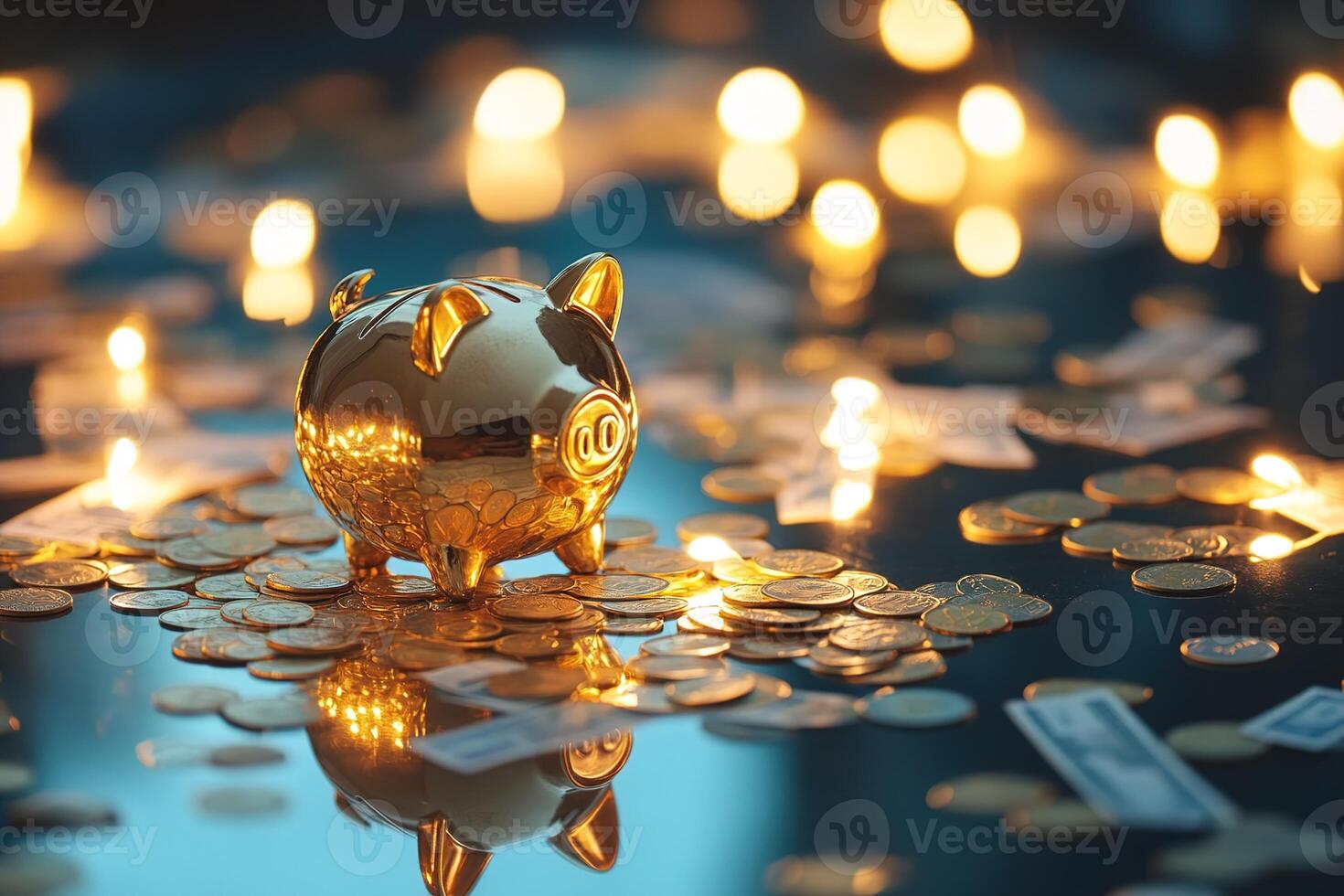 close-up golden piggy bank with scattered coins and bills on a reflective surface, concept of stock market, financial savings and economy photo