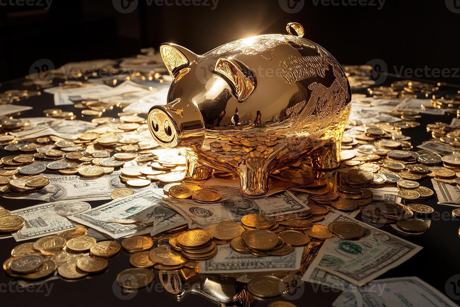 concept of stock market, financial savings and economy close-up golden piggy bank with scattered coins and bills on a reflective surface photo