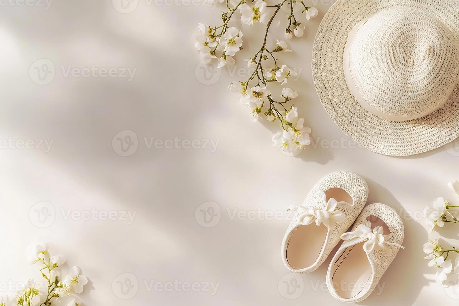 top view minimalistic photo with copy space white baby shoes and a matching hat arranged neatly on a neutral surface with flowers