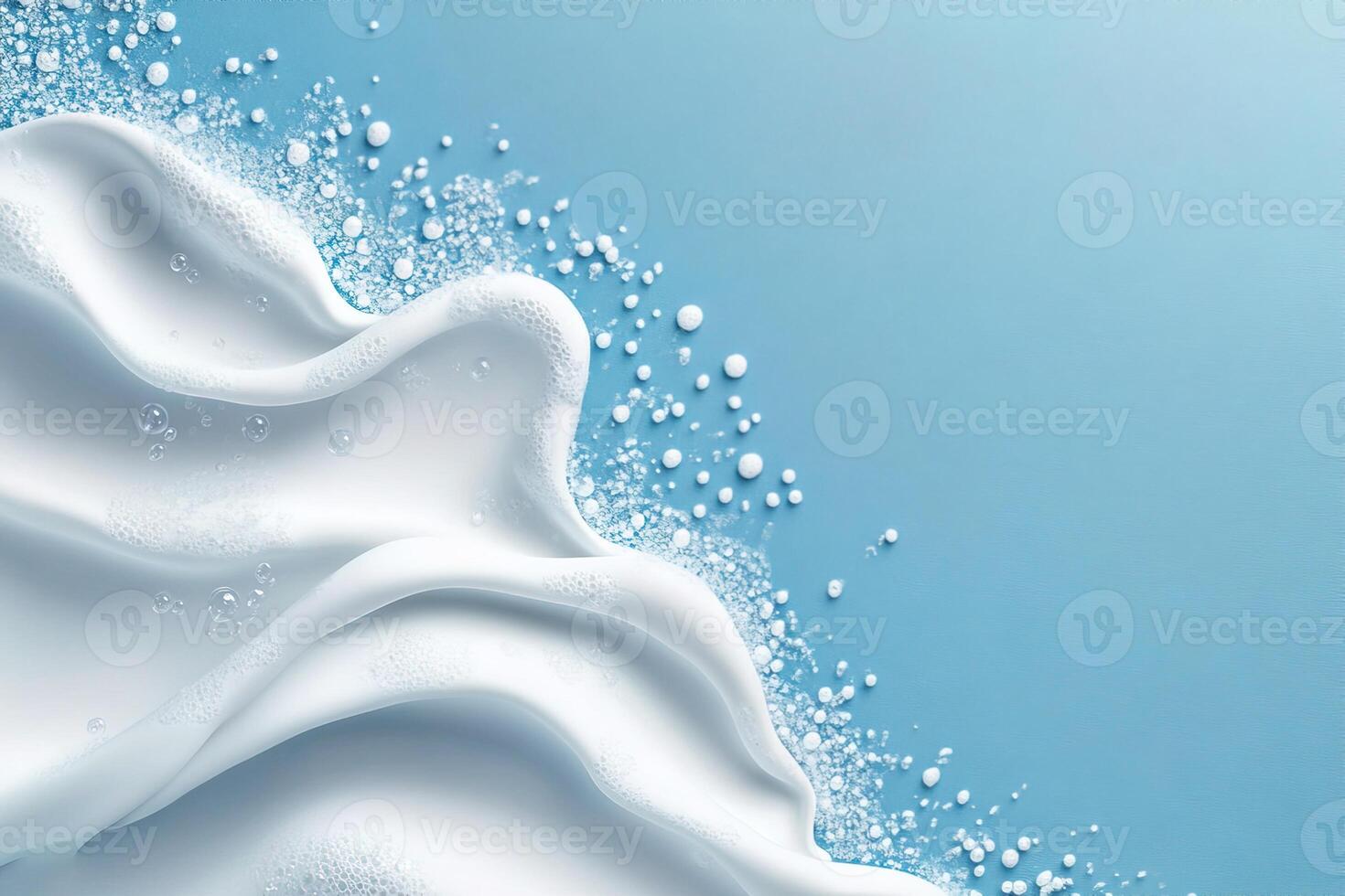 cleaning border frame top view white soap foam and bubbles on clean blue background with copy space photo