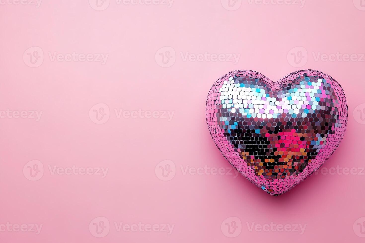 romantic postcard with disco mirror heart on pastel pink background with copy space photo