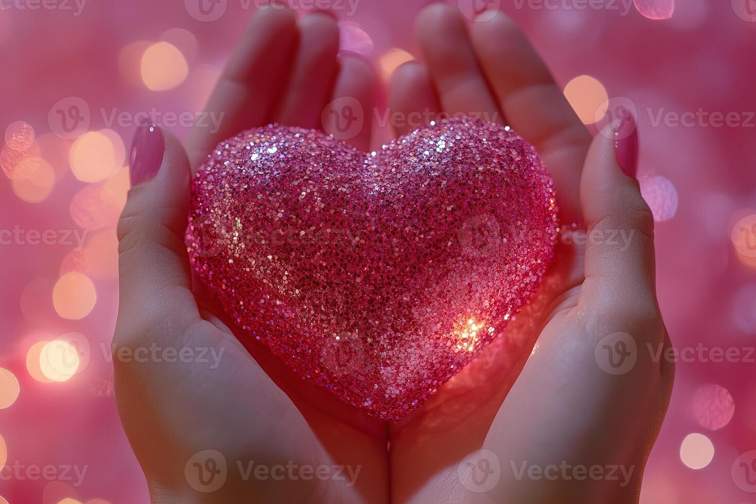 close-up of hands holding pink glitter heart on blurred bokeh background with sparkles photo