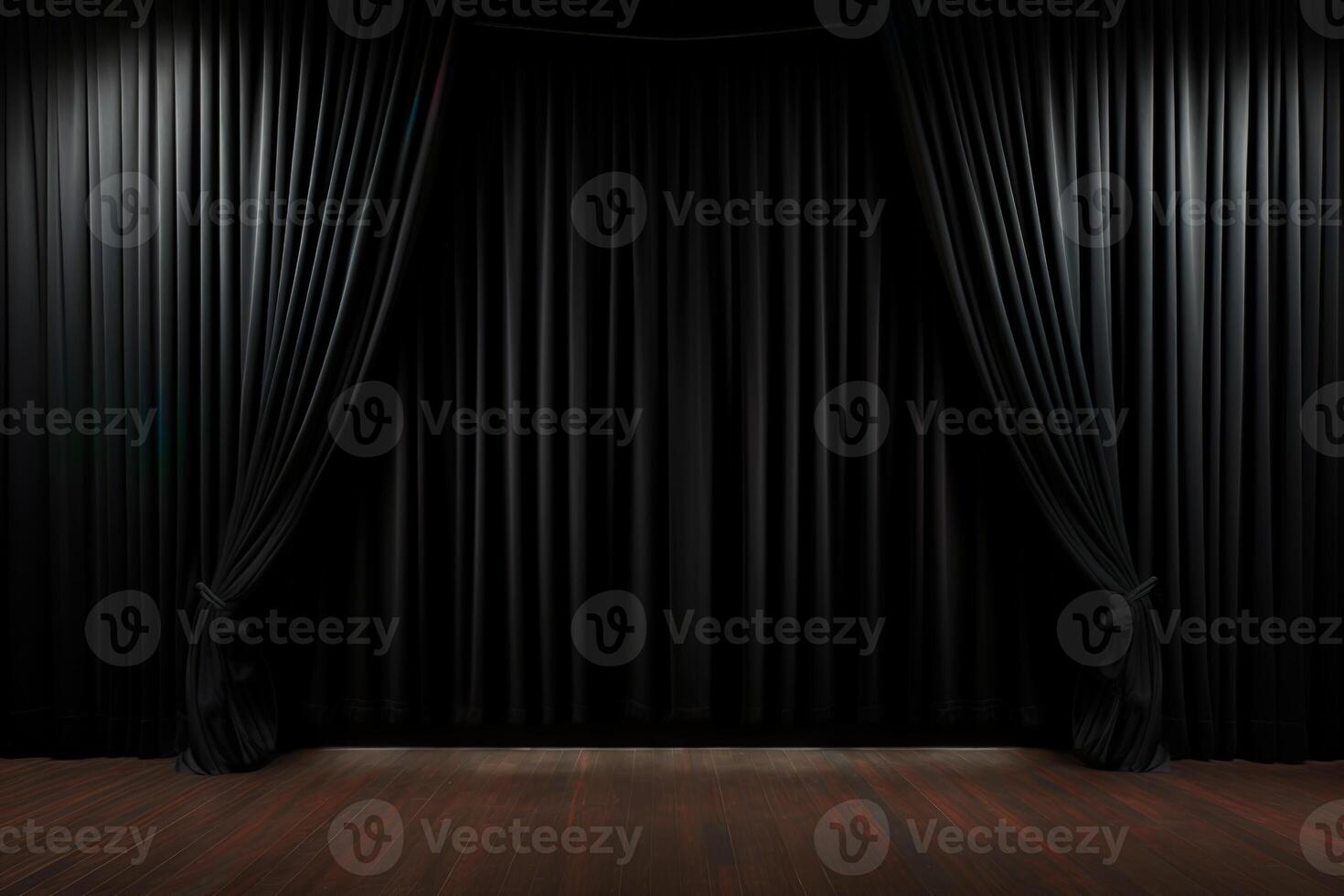 empty elegant scene background, black curtain on stage with wooden floor of theater or cinema slightly ajar photo