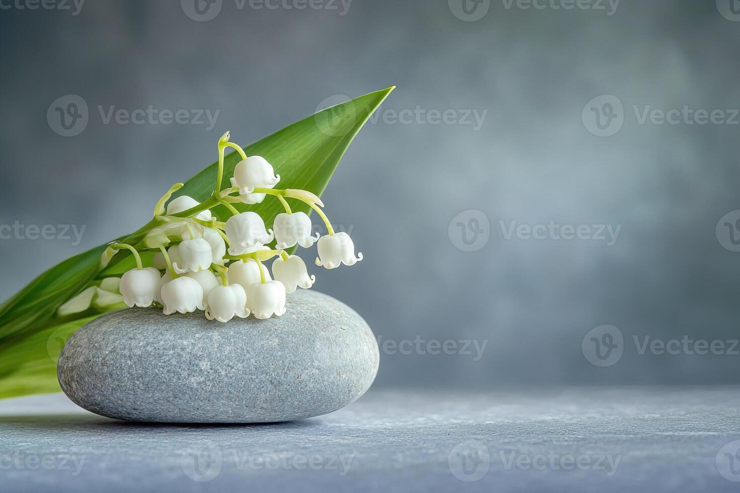 close-up of delicate lily of the valley flower on a smooth stone surface on neutral grey background, minimalist composition with copy space photo