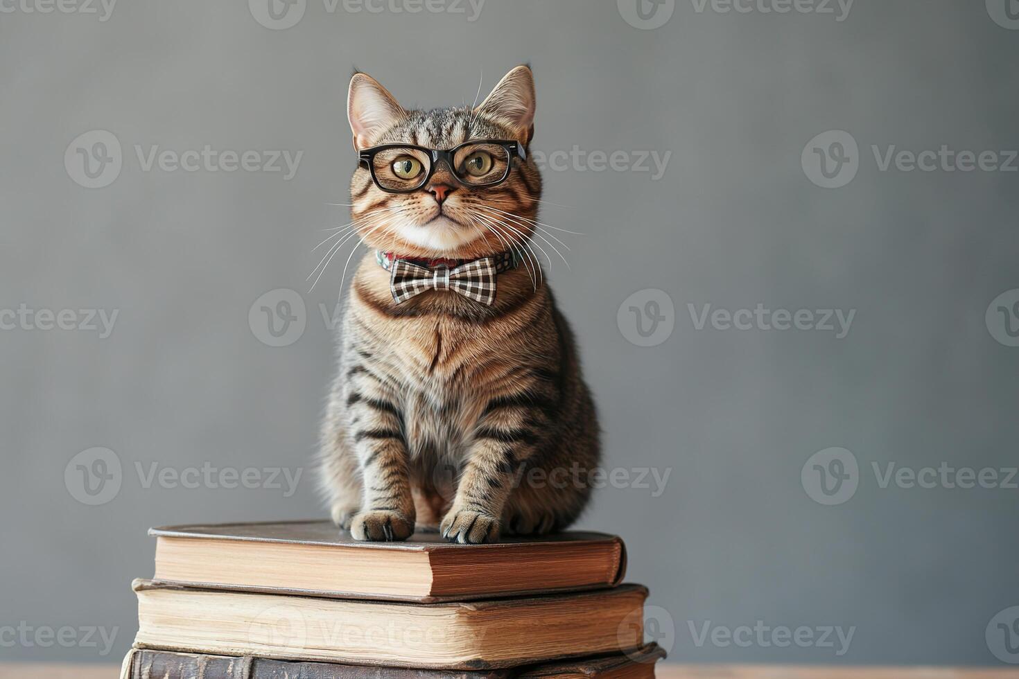cute clever tabby cat in glasses and bow tie sitting on a stack of books on grey wall background with copy space photo