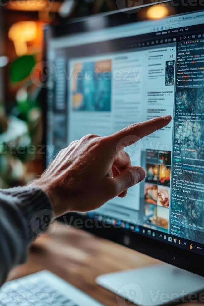 Hand pointing at a computer screen displaying a web interface and pictures photo