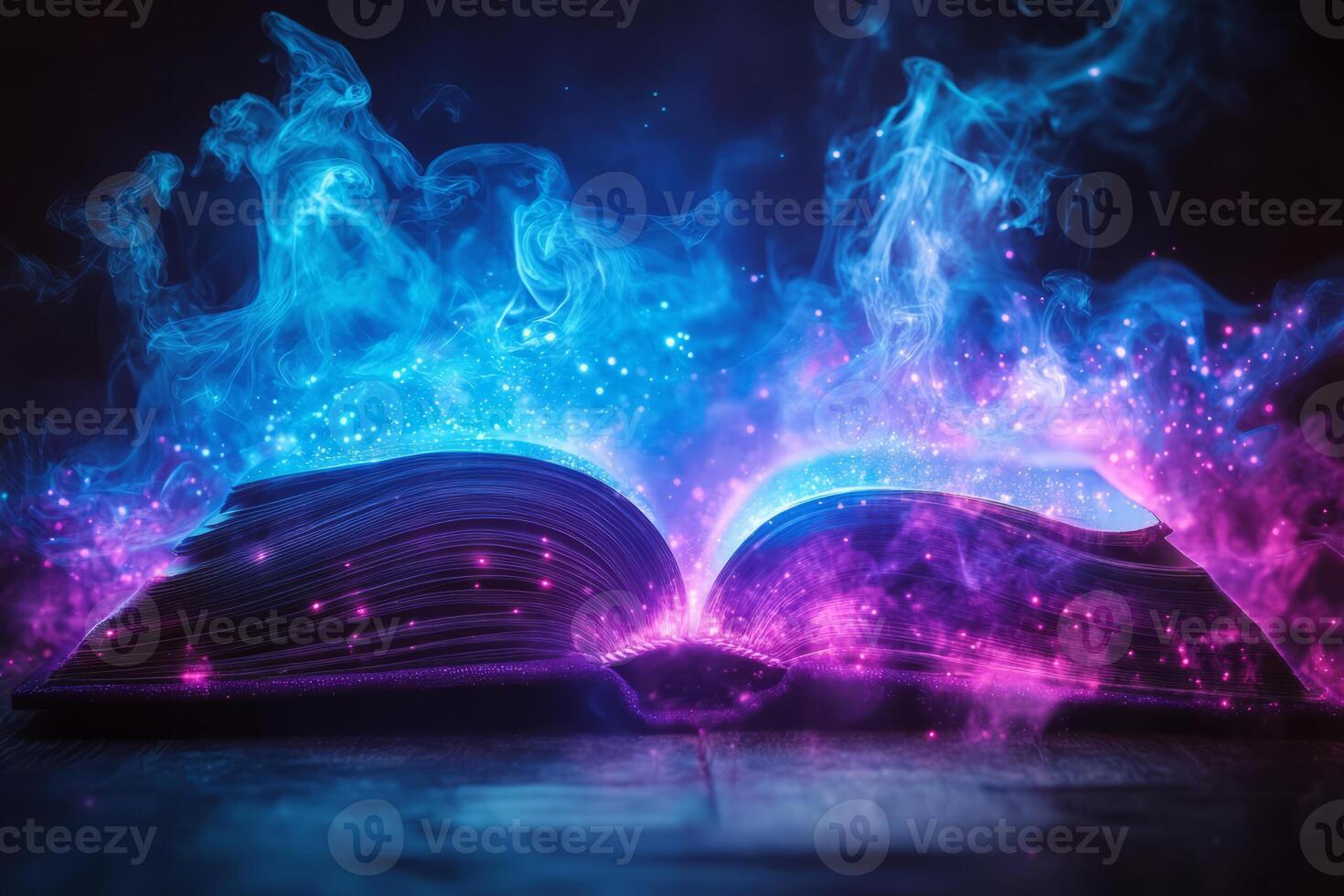 Magic book emitting pink and blue glow with swirling energy photo