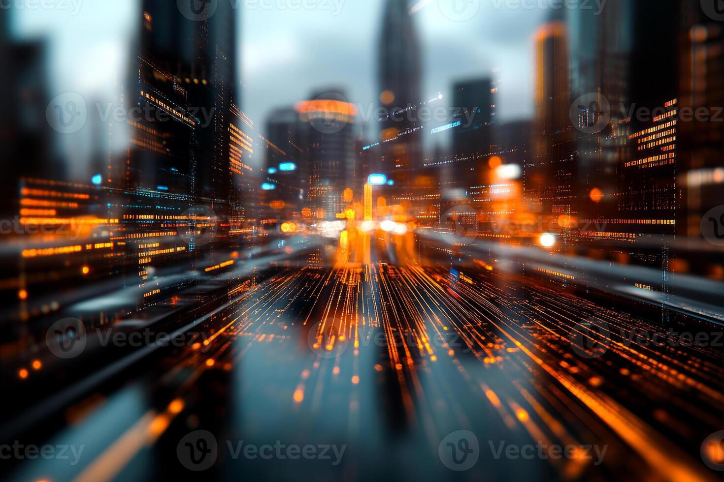 Blurred city skyline illuminated with lights and dynamic digital data streams photo