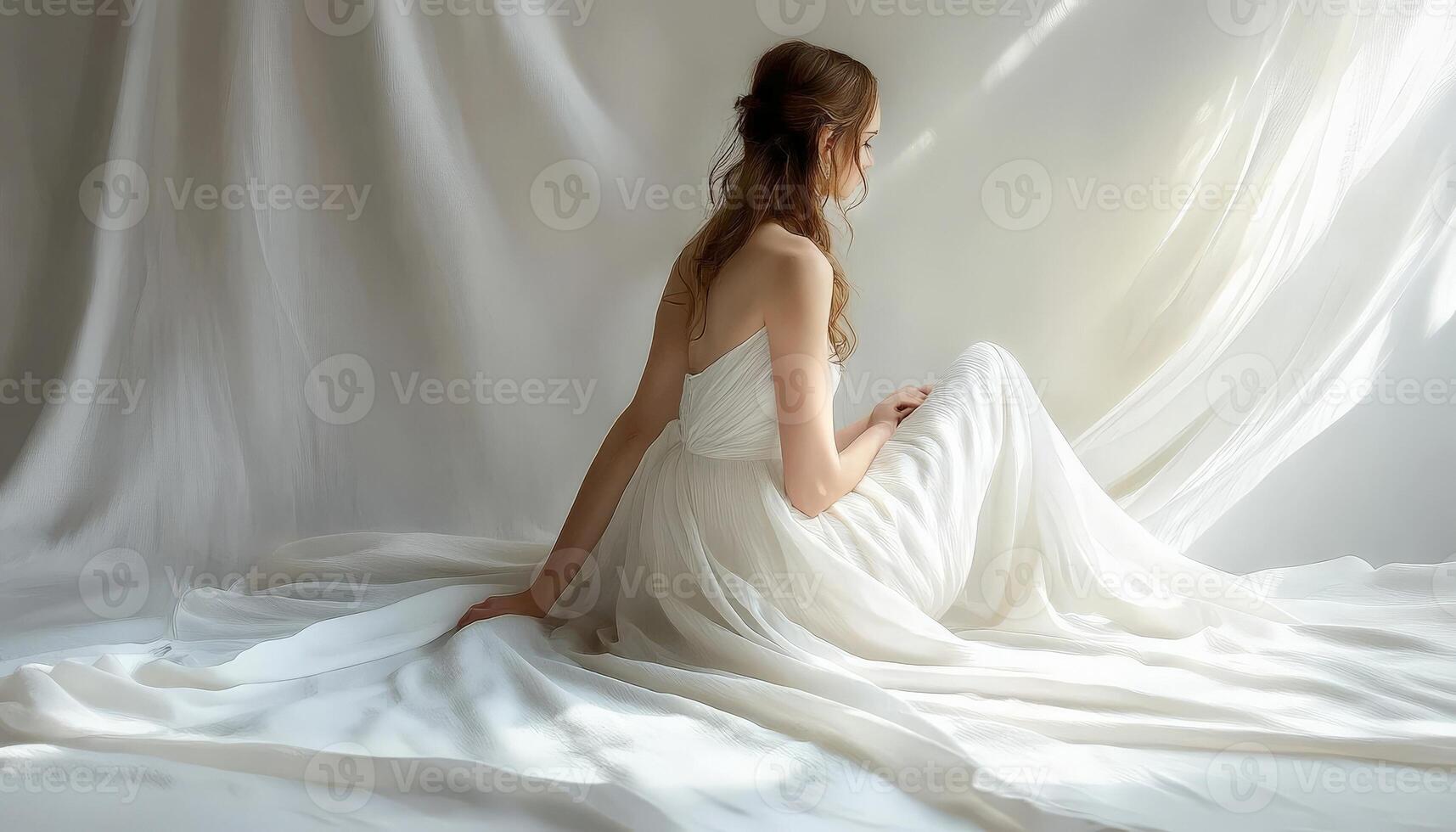 Elegant Bride in White Dress with Flowing Fabric. photo