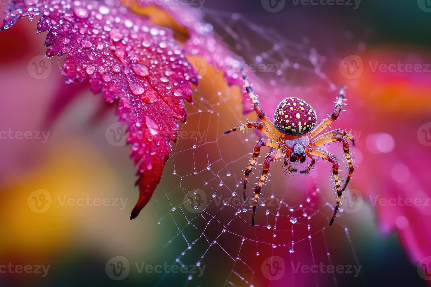 Vivid close-up of spider on web with dew-drop covered leaves in background photo