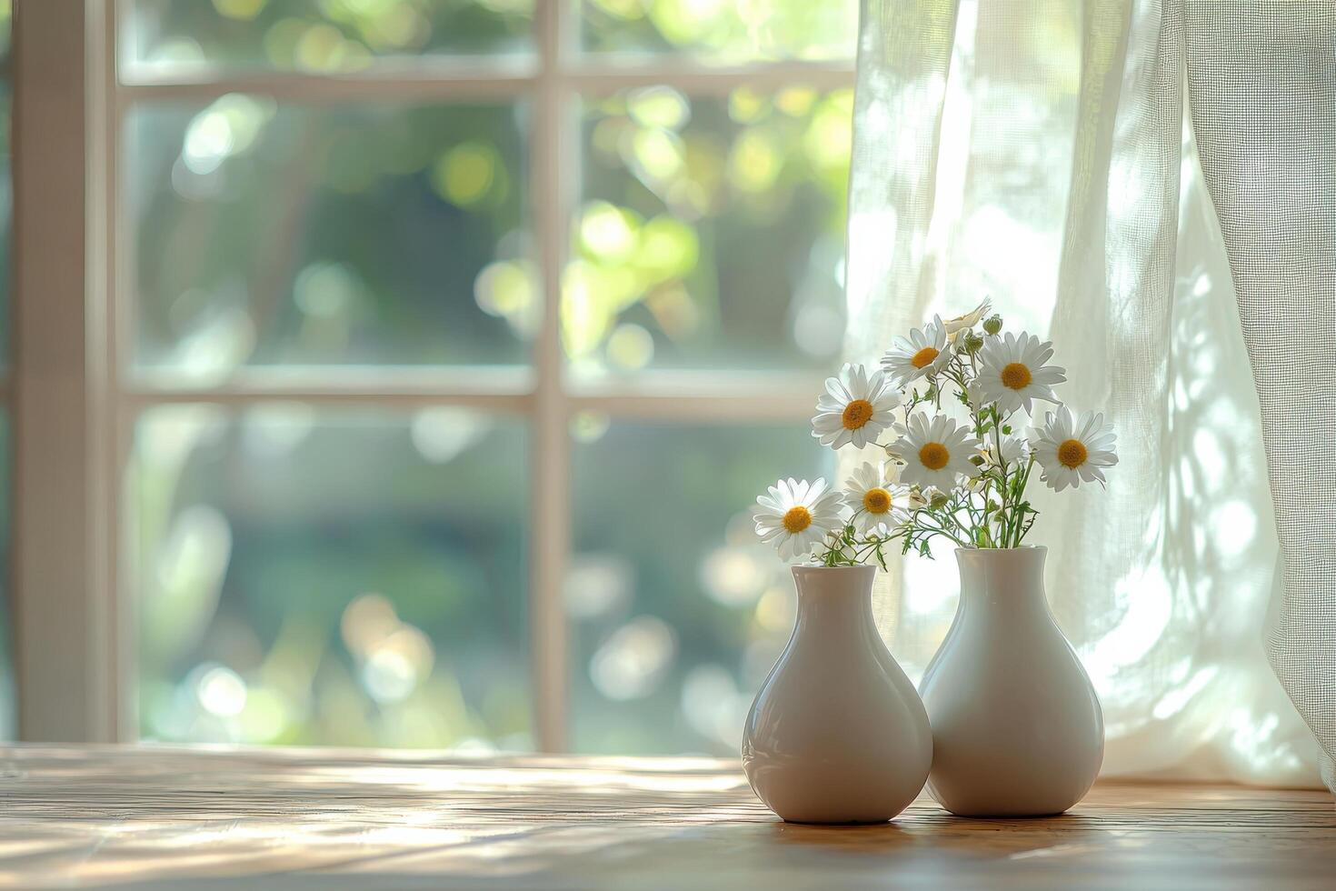 Sunlit daisies in white vase by window with soft natural light and greenery photo