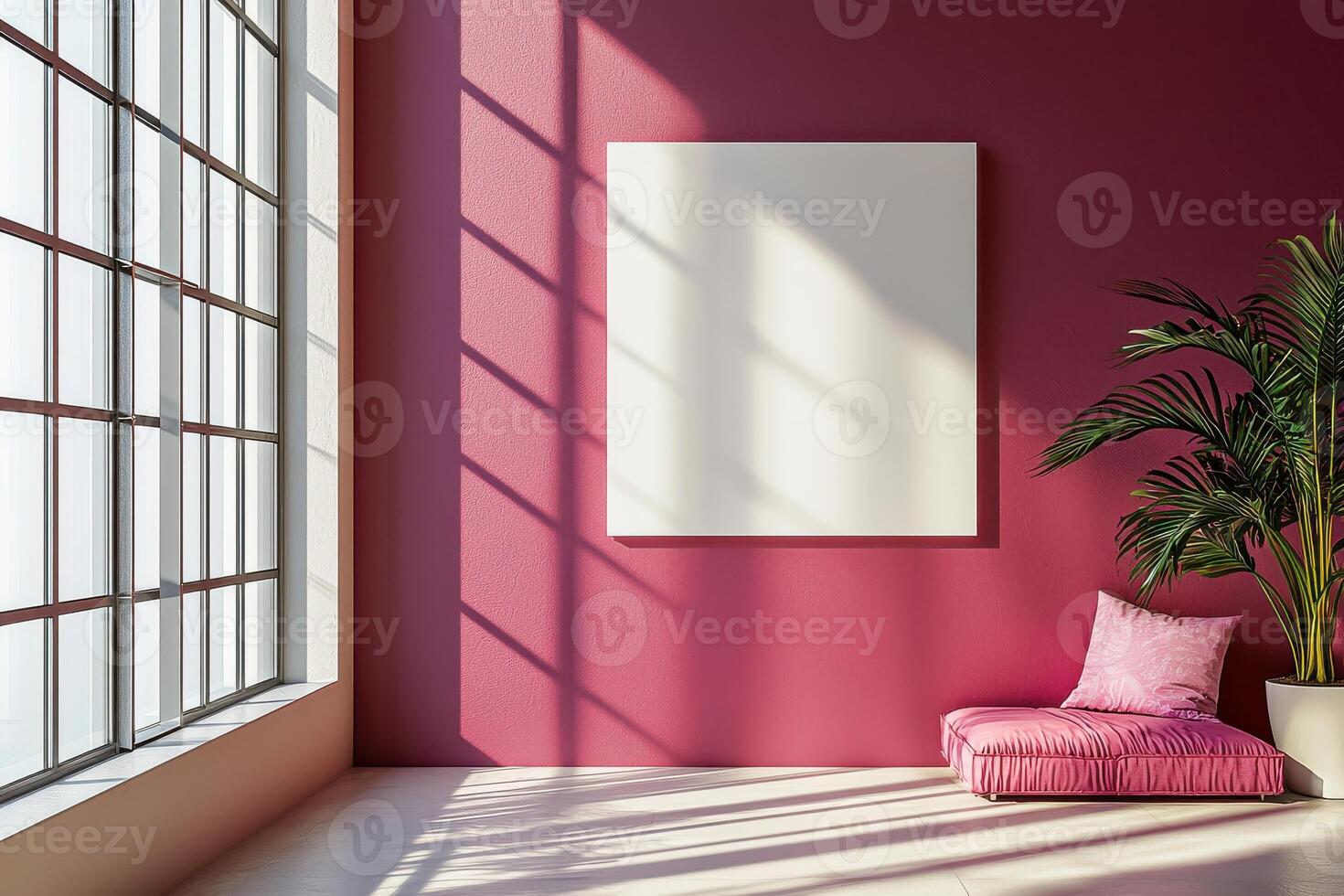 Sunlit interior with pink wall and plant featuring empty canvas on display photo