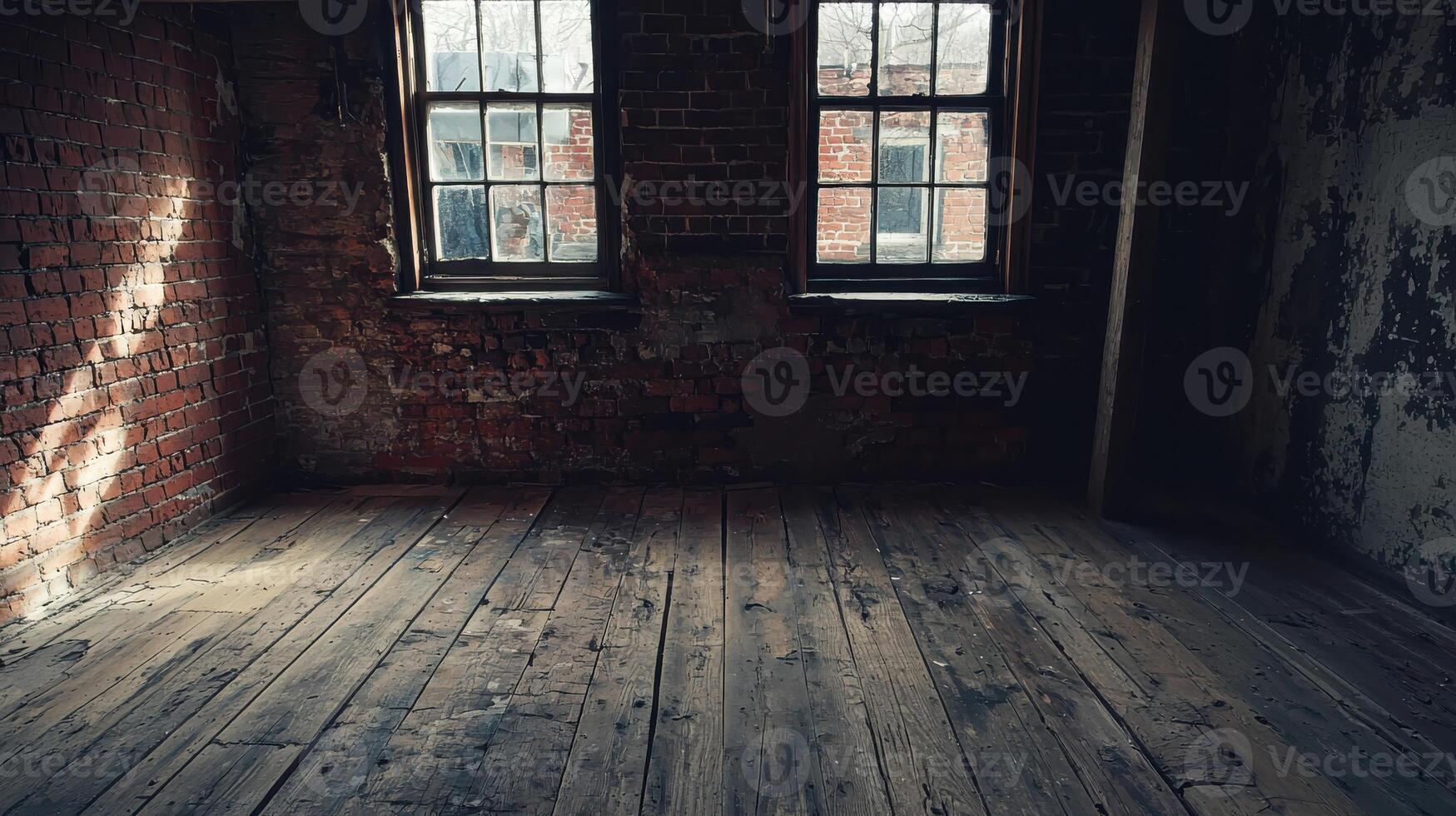 Rustic abandoned room with brick walls wooden floor and two windows illuminated by sunlight photo