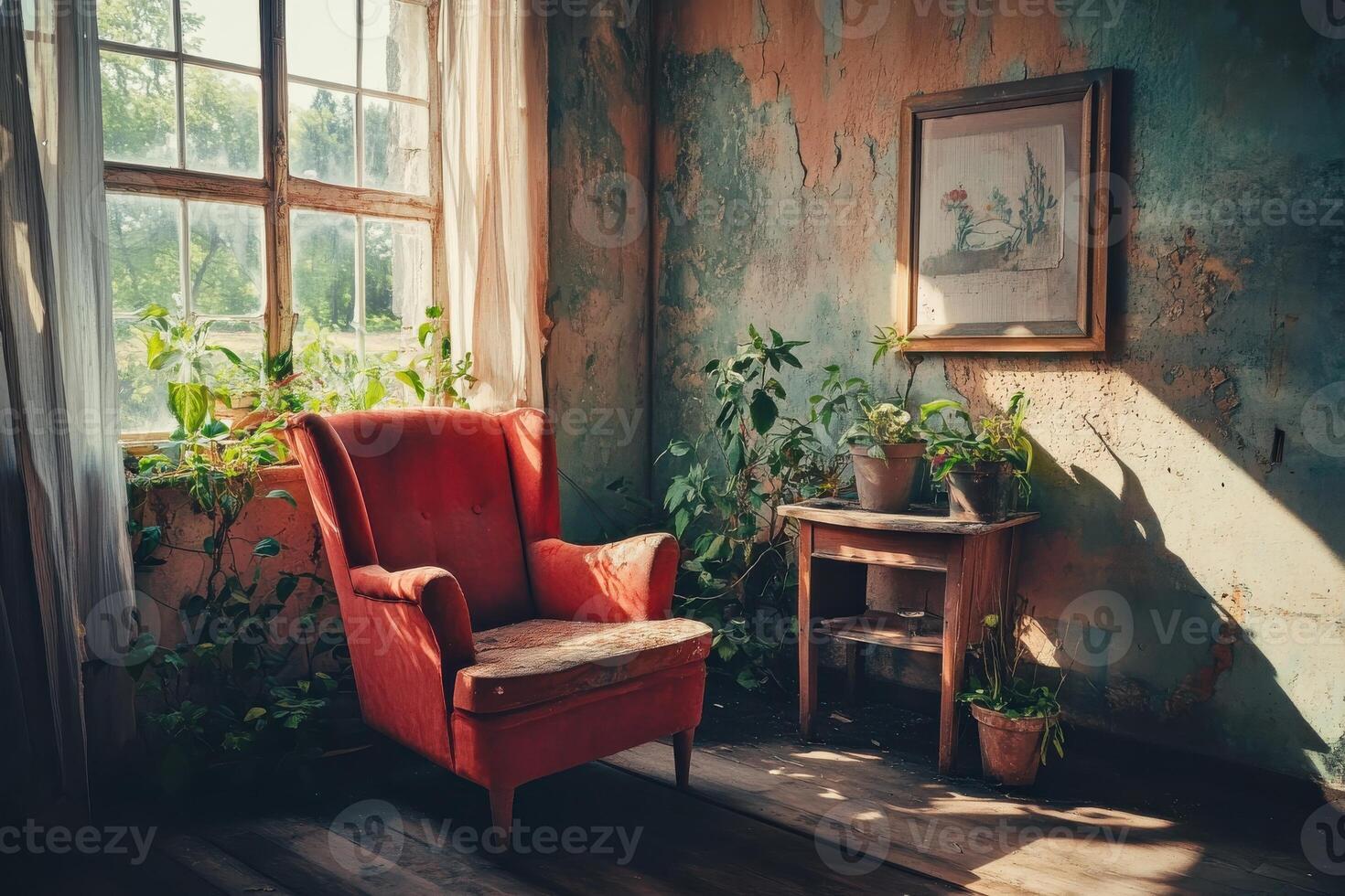 Cozy vintage interior with red armchair and sunlit window in rustic room photo