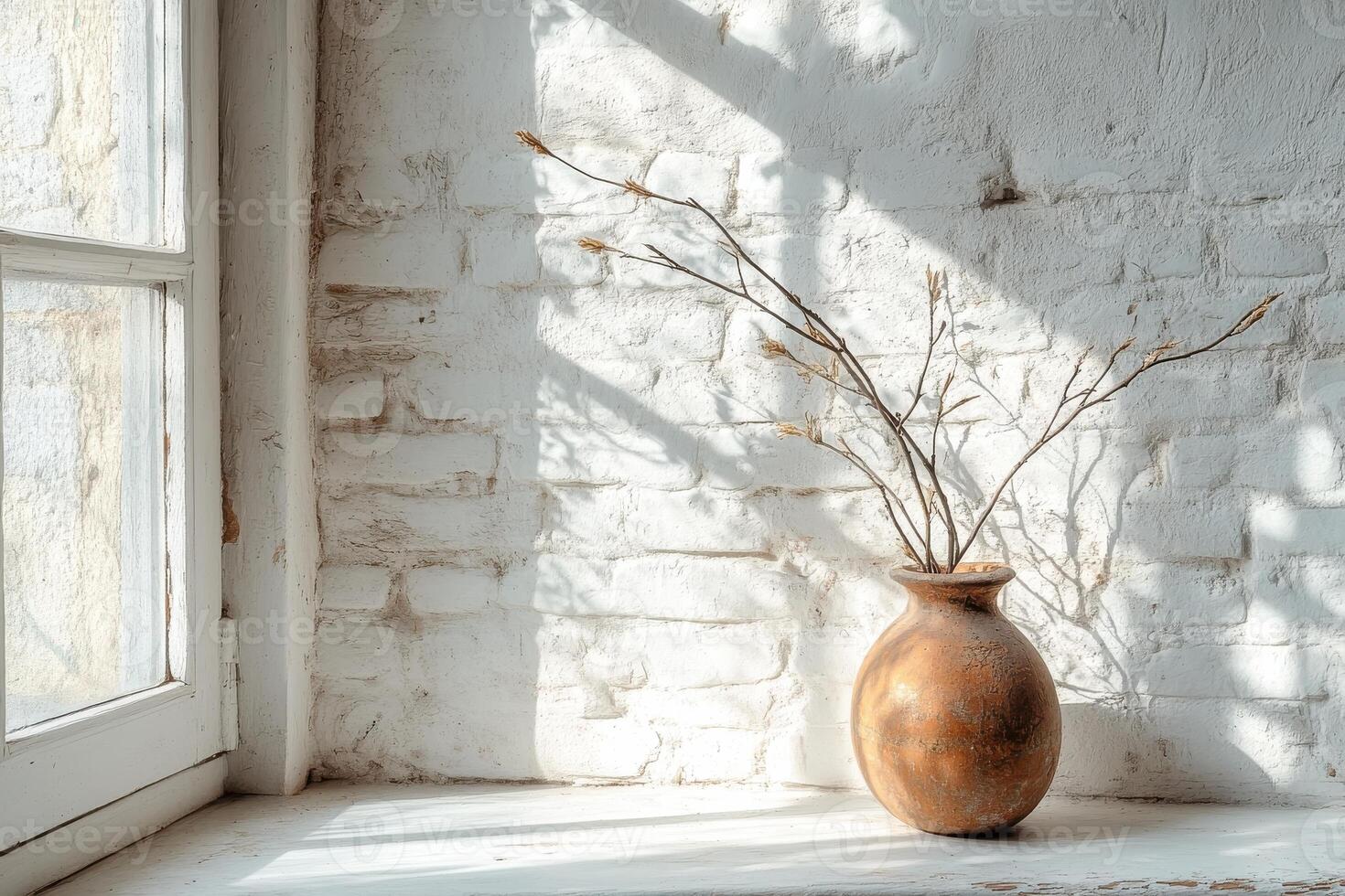 Rustic clay vase with dried branches on sunlit brick windowsill interior photo