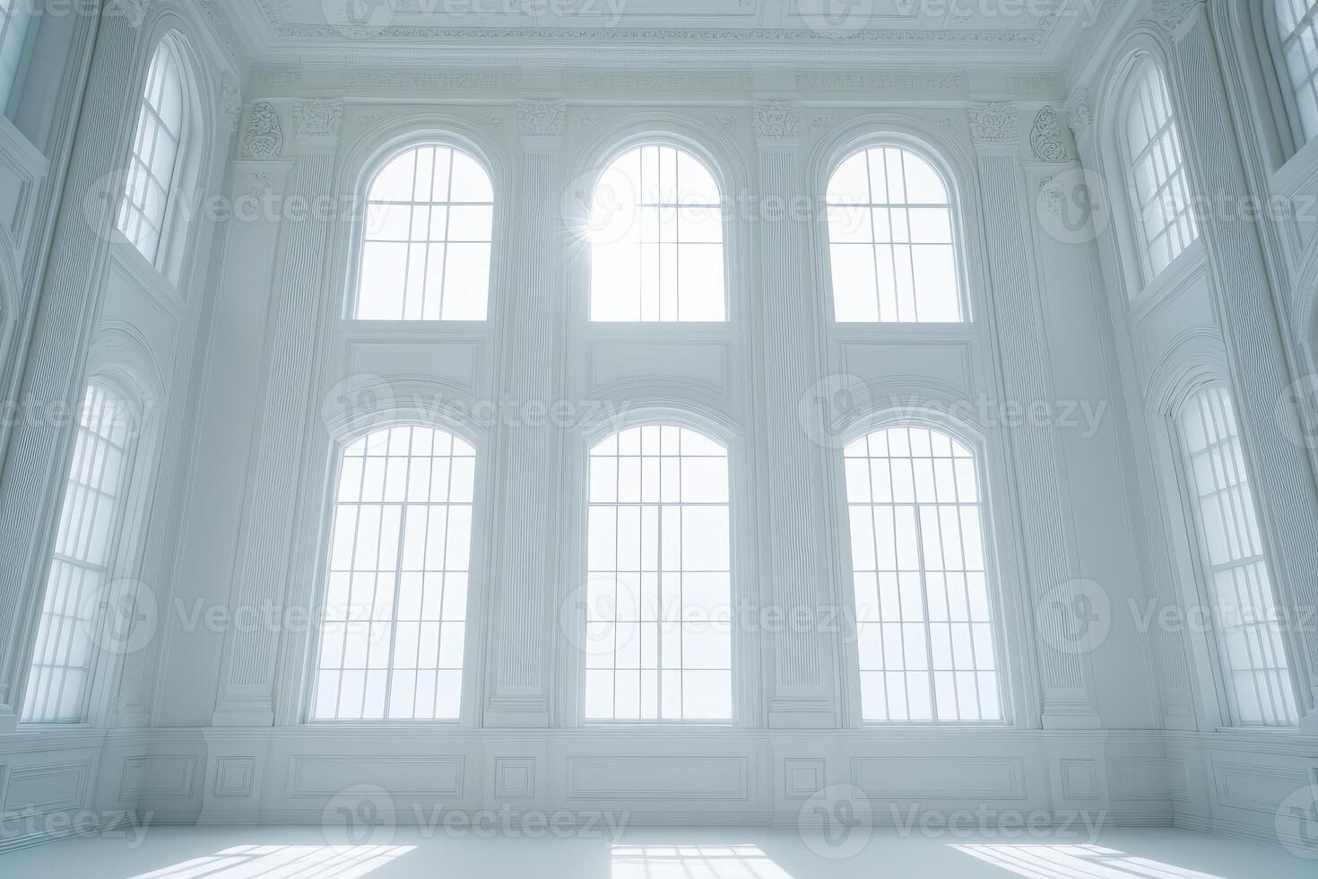Grand hall with large windows illuminated by sunlight in elegant architectural design photo