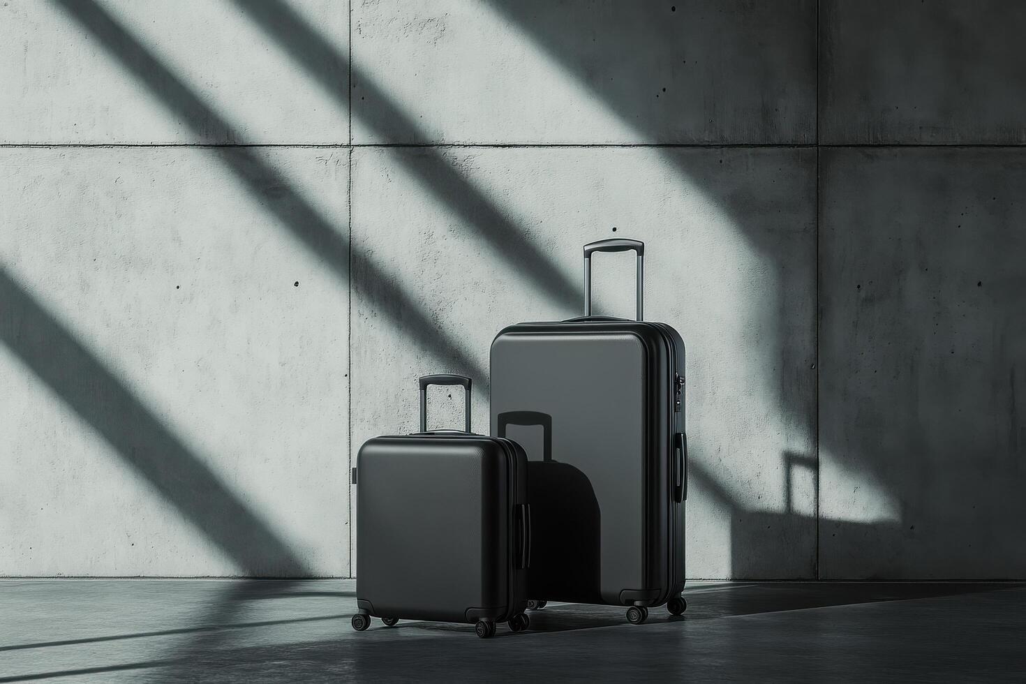 Two black suitcases against a concrete wall with shadow patterns photo