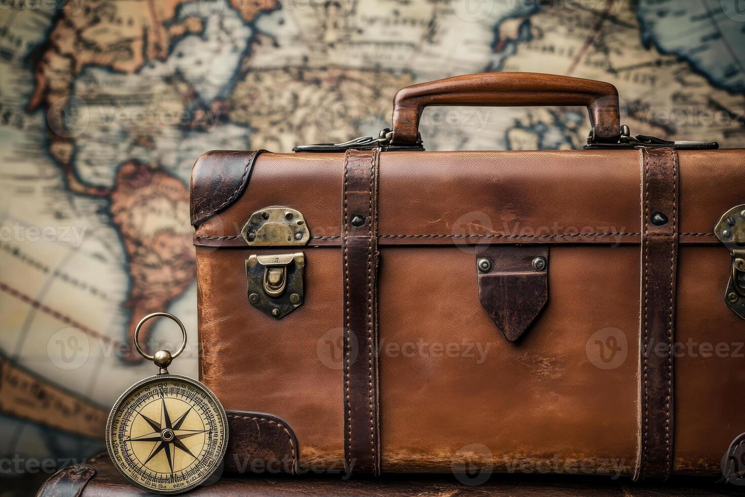 Vintage leather suitcase with antique compass on old world map background photo