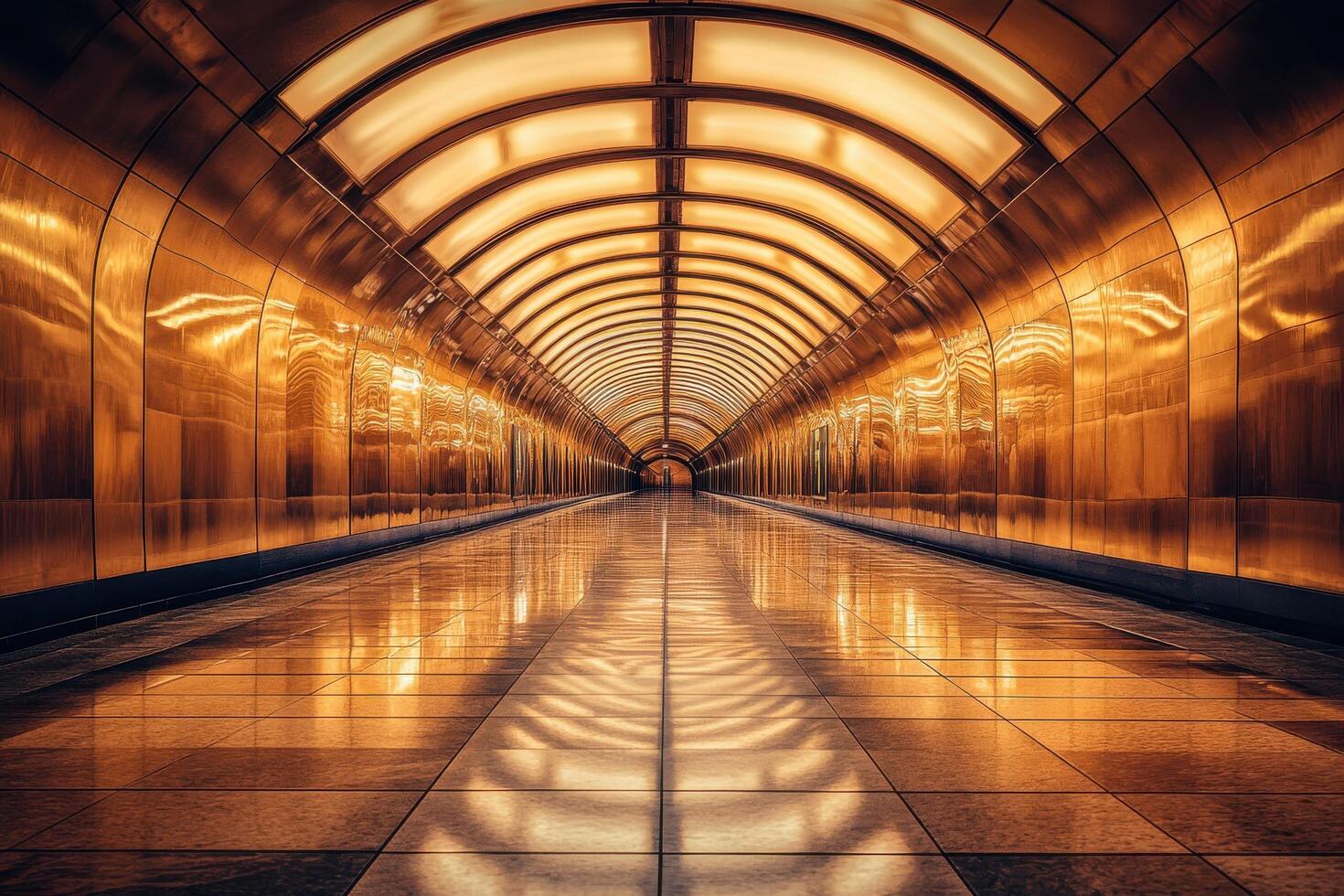 Illuminated underground tunnel with reflective gold walls and arched ceiling design photo