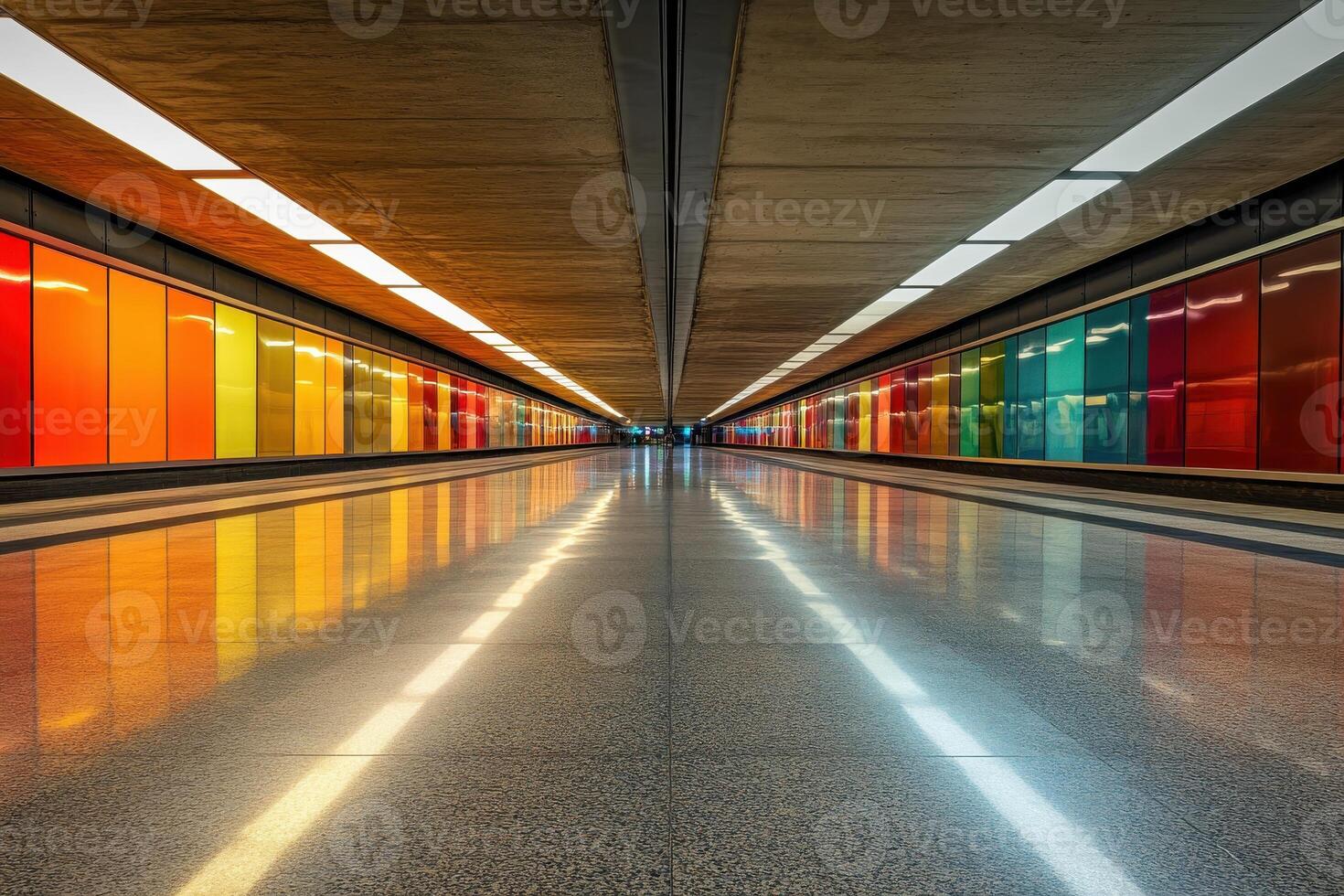 Colorful underground subway tunnel with illuminated walls and symmetrical design photo