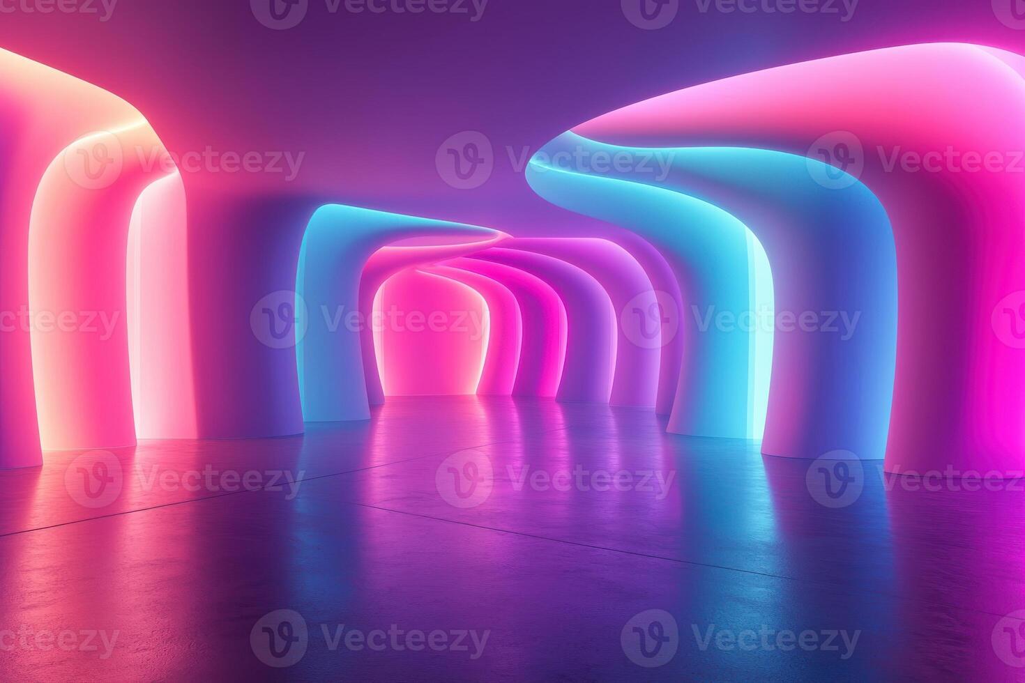 Futuristic neon tunnel with vibrant curved patterns and illuminated walls photo
