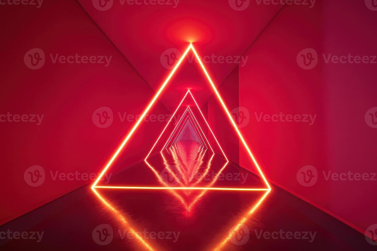 Futuristic neon red pyramid tunnel with symmetrical light reflections and geometric shapes photo