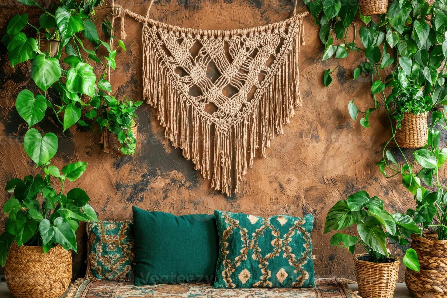 Macrame wall hanging in trendy boho living space with indoor plants and couch photo