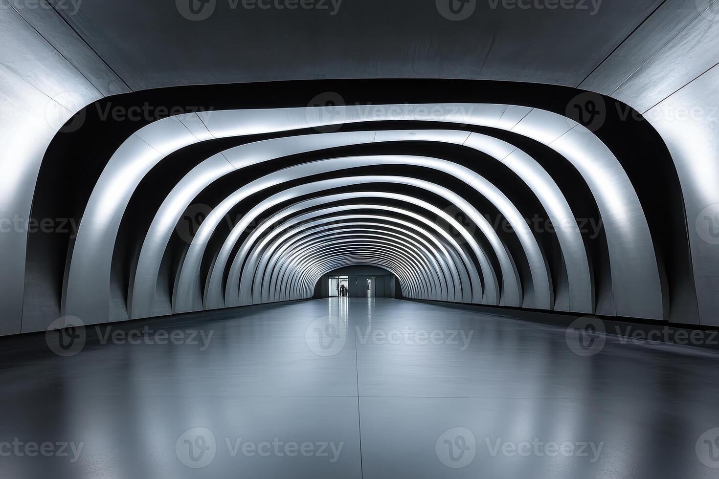 Futuristic architectural tunnel with arched metallic ceiling design and ambient lighting photo