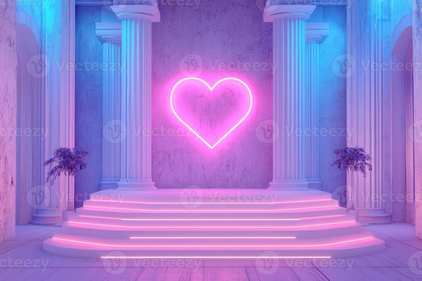 Neon heart on illuminated stage with classical columns in blue and pink ambiance photo