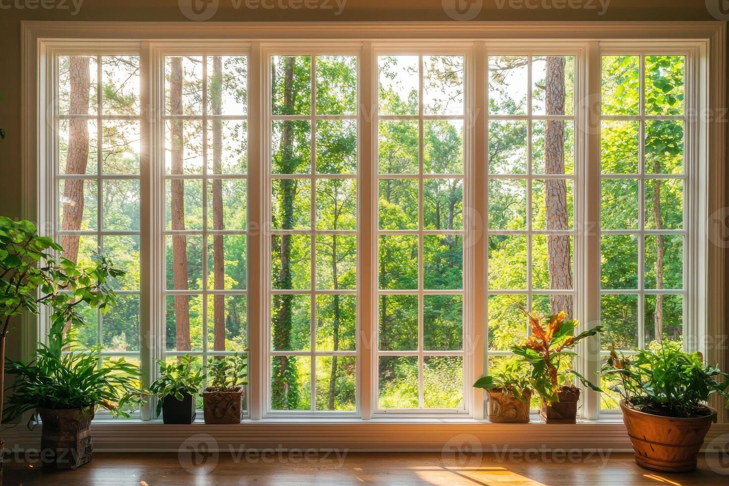 Lush greenery view through large window with indoor plants and natural light photo