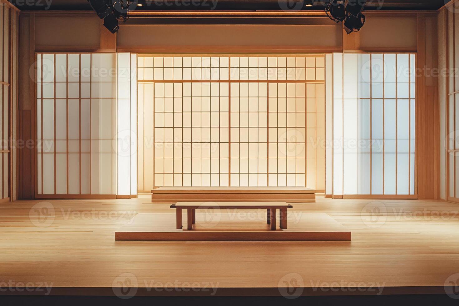 Traditional japanese interior with shoji screens and wooden platform in minimalist design photo