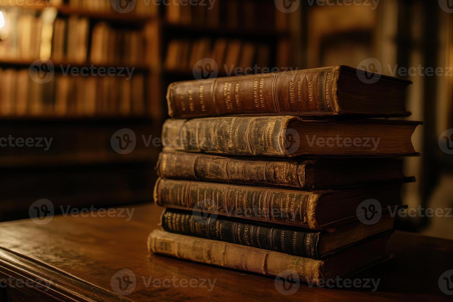 Stack of vintage books in an old library illuminated by warm ambient light photo