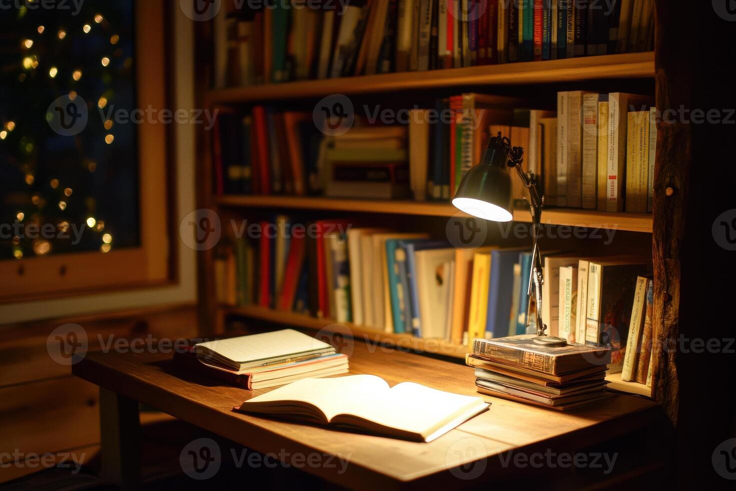 Cozy home library with open book and lamp on wooden desk near bookshelf photo