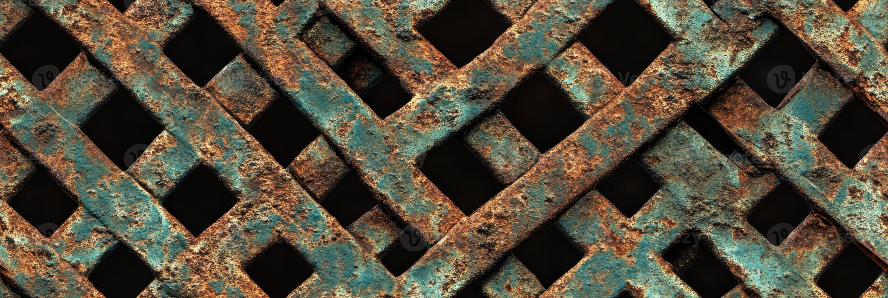 Rusted metal grate with diamond pattern of weathered texture and corrosion photo