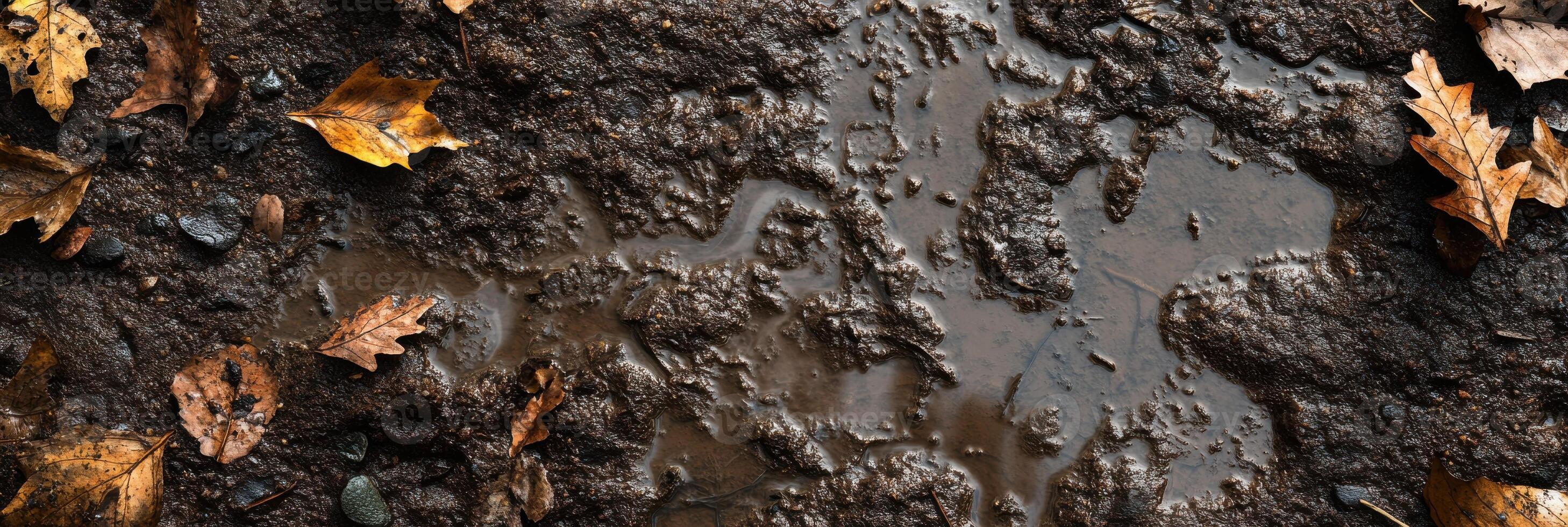 Autumn leaves on muddy ground with rain puddles capturing seasonal change photo
