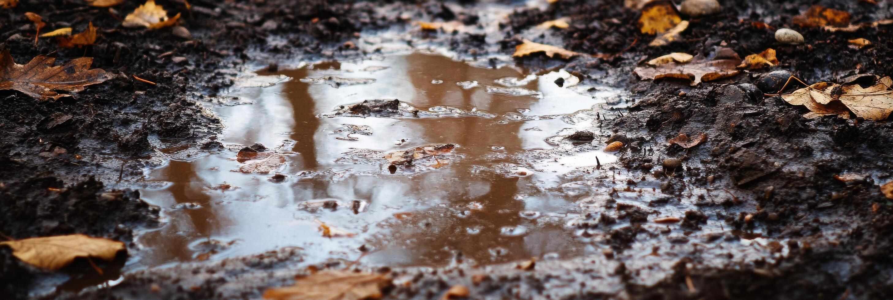 Autumn leaves and puddle on wet muddy ground capturing seasonal change photo