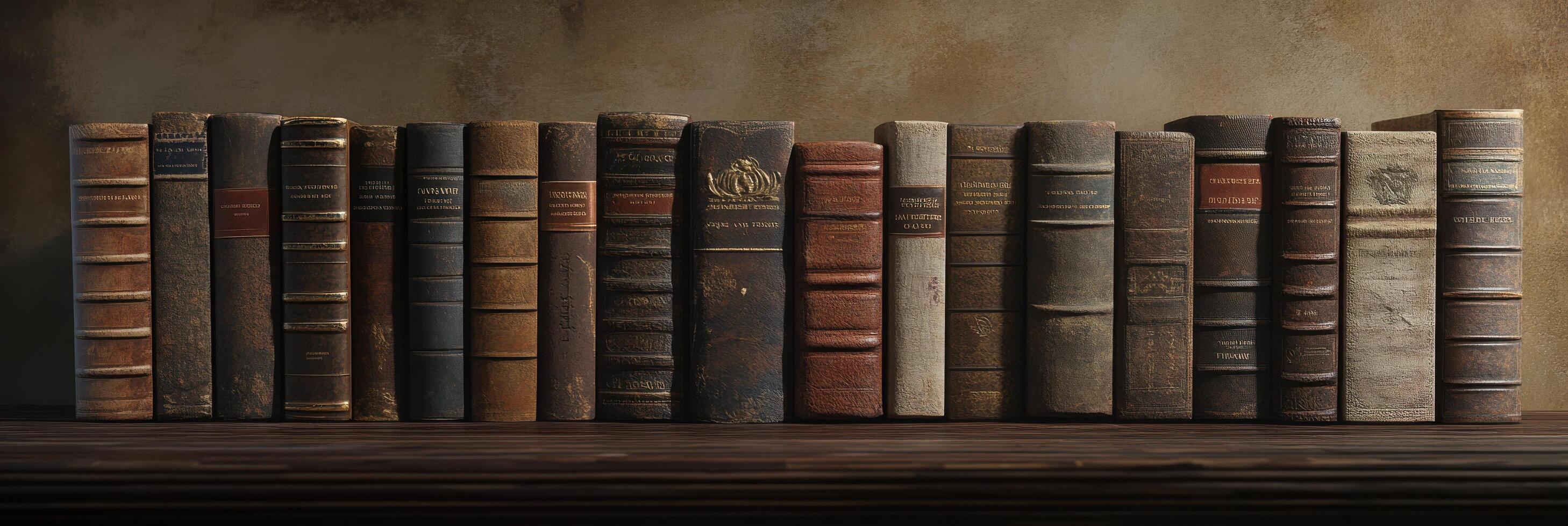 Row of antique leather bound books on wooden shelf representing historical literature photo